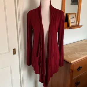 NWOT Urban Coco cranberry open cardigan with cascading ruffles. Size medium.